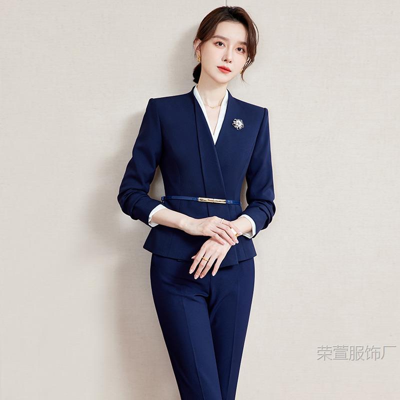 藏青色职业套装西服女OL气质医美咨询师售楼部物业前台接待工作服|undefined