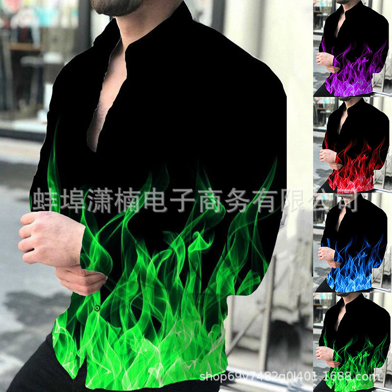 2023 cross-border foreign trade new lapel long sleeve 3D printing casual flame shirt Europe and the United States men's jacket wholesale