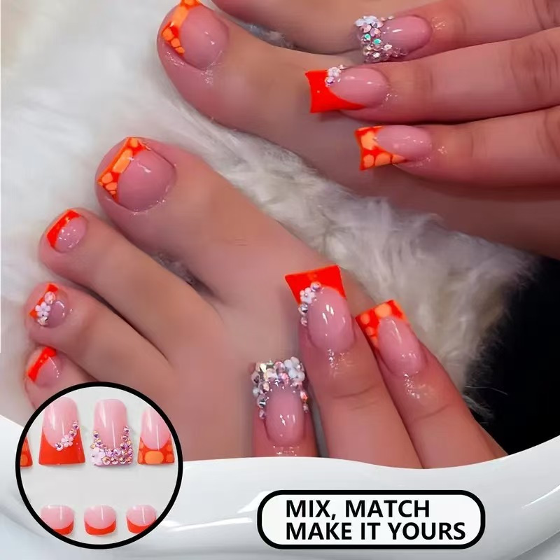 Cross-Border Hot-Selling 48-Piece Orange-Red French Flower Full Diamond Checkered Hand and Foot Set Wearable Nail Manufacturer Wholesale