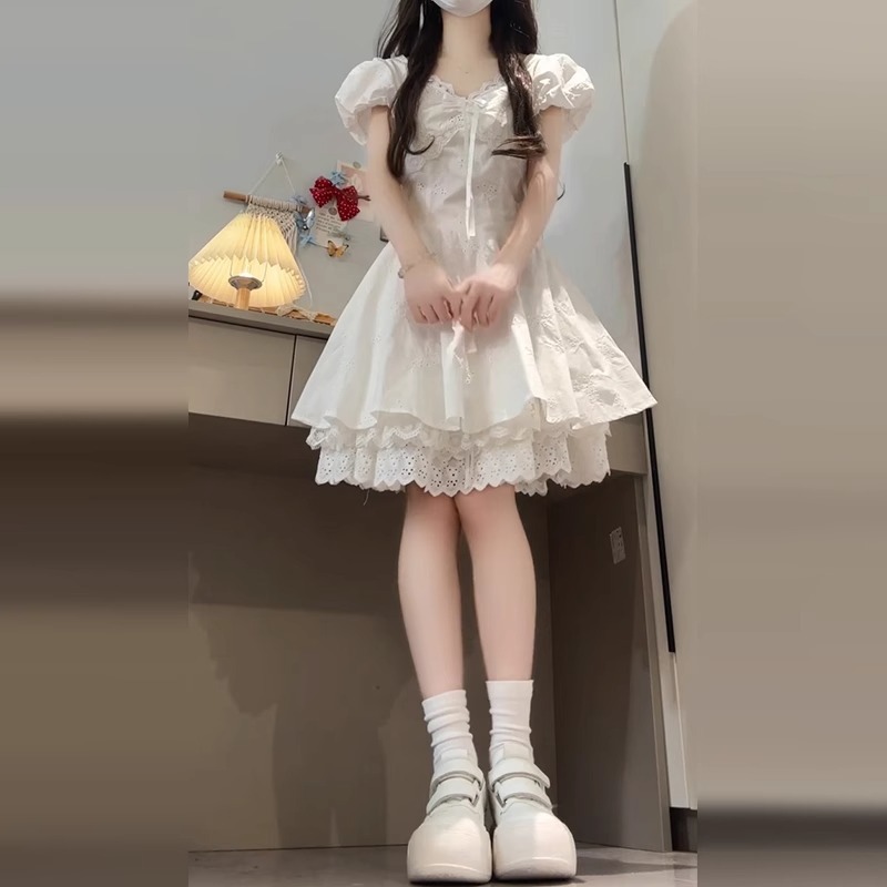 2025 新しい女性の夏のショートスカートフレンチジェントルスタイル初恋白ドレス気質ウエストホワイトスカート|undefined