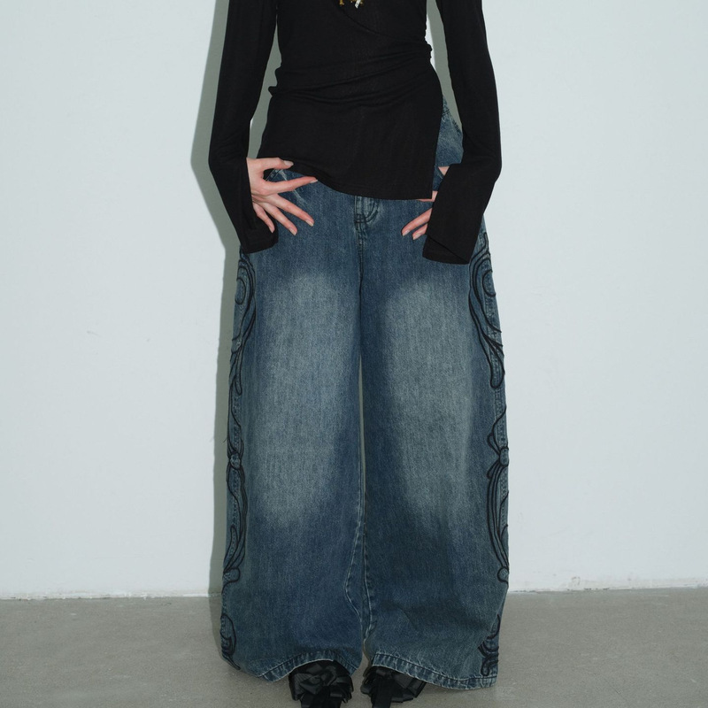 Thirteen Lines R13 Ruiye Washed Vintage Original Color Casual Embroidered Design Wide-Leg Jeans for Women 6266 Thirteen Lines R13 Ruiye Washed Vintage Original Color Casual Embroidered Design Wide-Leg Jeans for Women 6266
