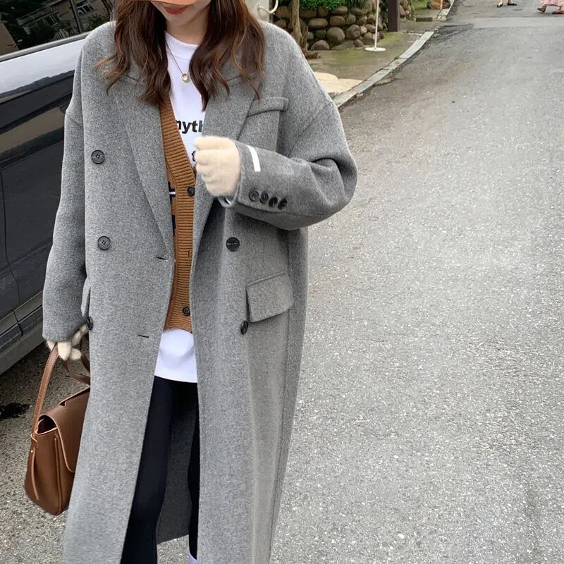New cross-border woolen coat for women 2026, Korean style gray woolen coat for plus-size women, loose and versatile, trendy ins style, gray New cross-border woolen coat for women 2026, Korean style gray woolen coat for plus-size women, loose and versatile, trendy ins style, gray