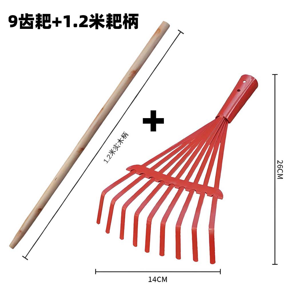 Rastrillo de hojas de 9 dientes + mango de madera de 1,2 m