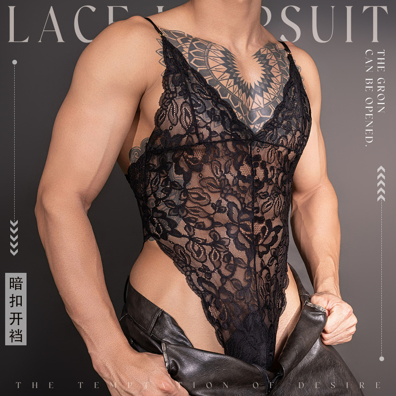 Men's Erotic Lingerie Open-Crotch Lace Trim Cross-Border European and American Style Thin Sheer Hot Sexy Cross-Dressing Bodysuit
