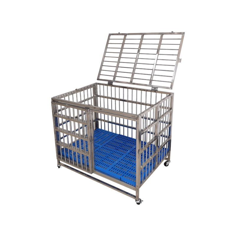 Jaula para perros y gatos con ruedas, bandeja recolectora, uso interior y exterior, acero inoxidable