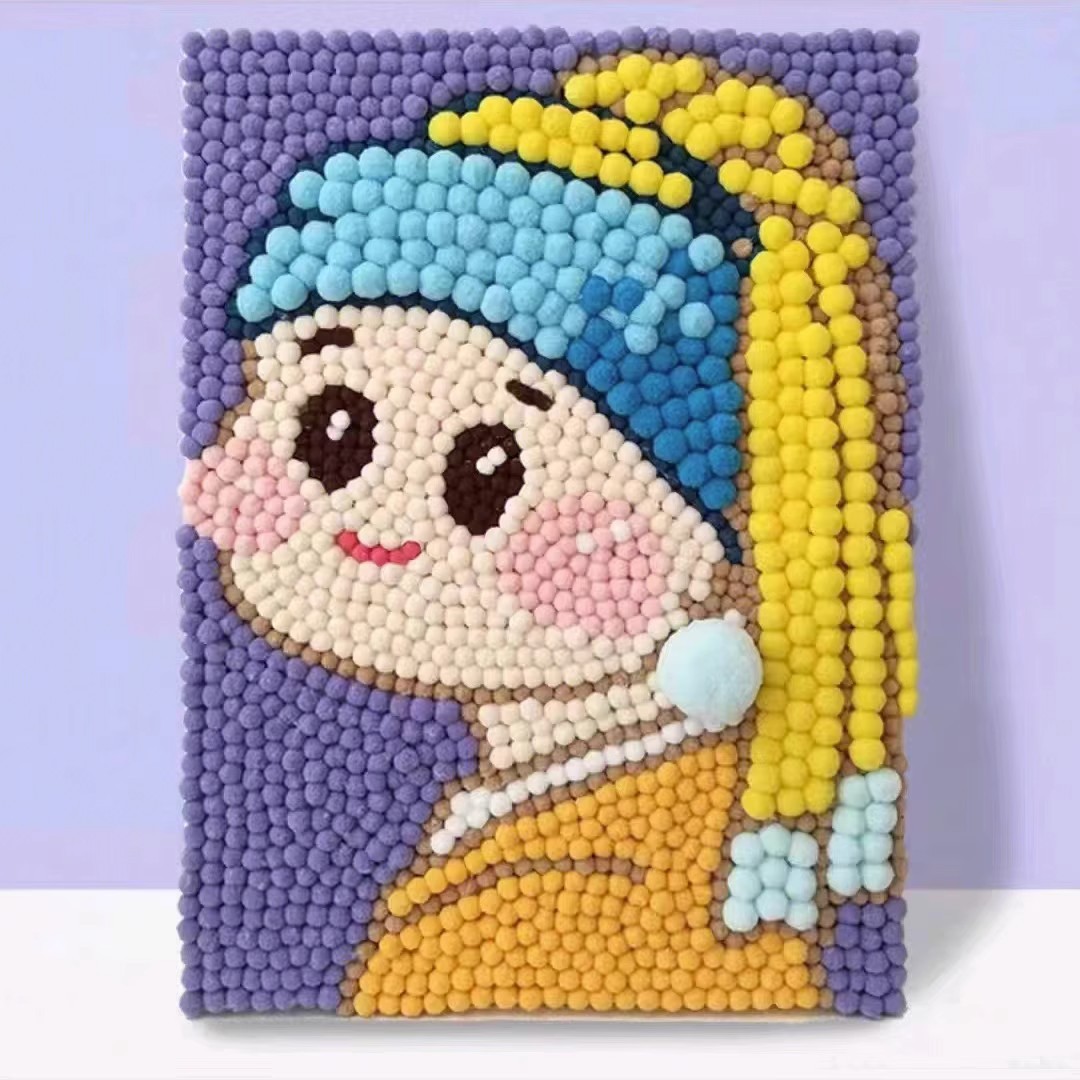 Cartoon DIY Hair Ball Painting Wholesale Full Set of Material Package Kidsren's Material Package Self-Adhesive Handmade Hair Ball Paste Decorative Painting