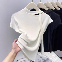 リボン付き白半袖Tシャツレディース夏新作ニッチデザイン右肩スリム無地シャツトップTシャツ