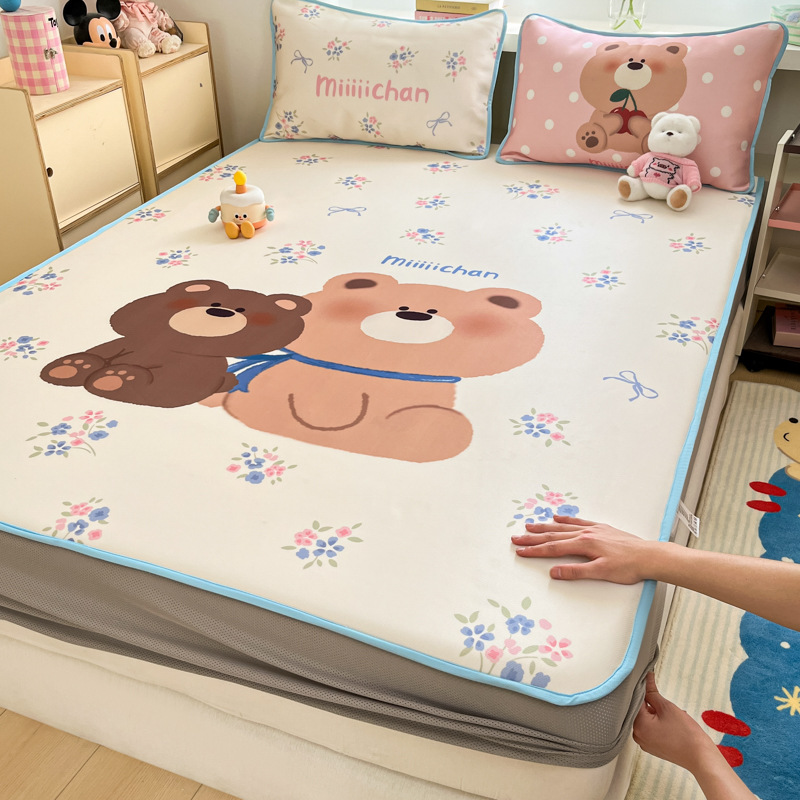 Sombrilla de cama de seda de hielo de verano, cubierta protectora de colchón para niños todo incluido, dormitorio, cubierta de cama individual, juego de tres piezas