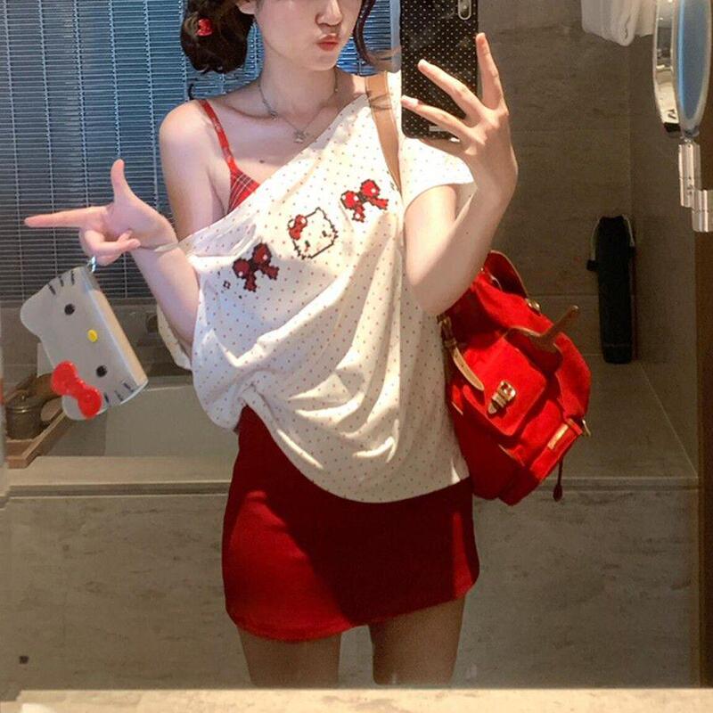 Design Sense Inclined Shoulder Wave Point Kitty Cat Short-sleeved T-shirt Women's Summer Sweet Spice Girl Loose Half-sleeved Short Top