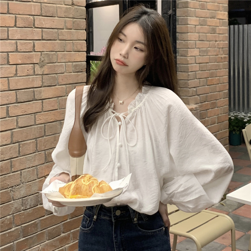 Lace-Up Long-Sleeved Chiffon Shirt Women's Thin Spring Lantern Sleeve Shirt Design Niche Slimming French Top