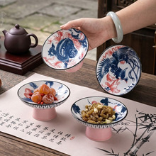 复古彩绘龙凤纹陶瓷茶点盘加厚高脚水果点心盘酒店民宿装饰盘摆设