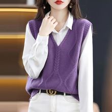 秋冬新款叠穿毛线坎肩减龄小马夹针织马甲背心女宽松无袖外搭毛衣