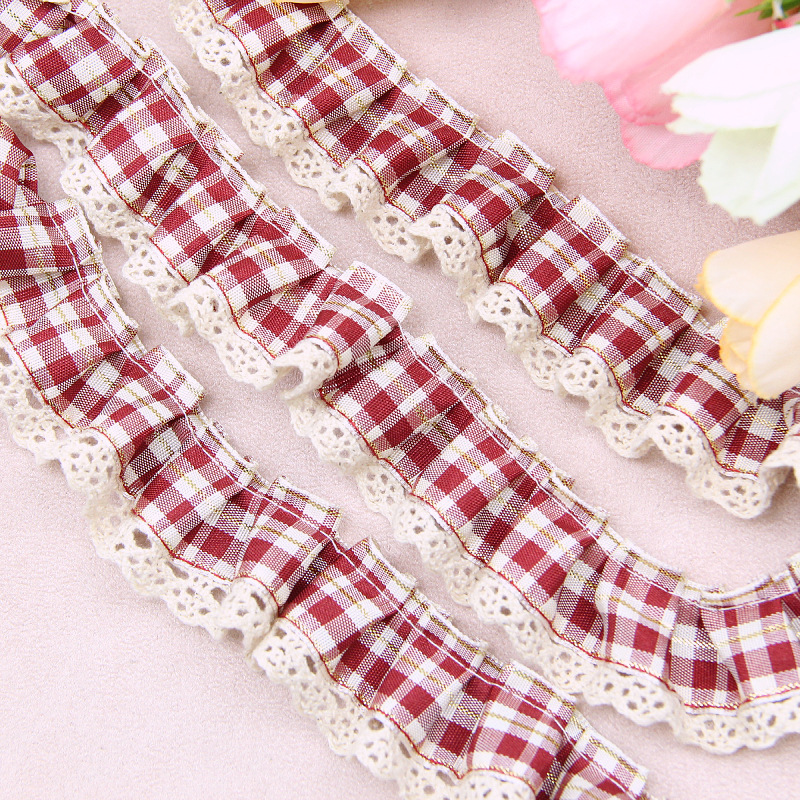 精致甜美织金红格子拼蕾丝打褶花边 DIY裙摆领口袖口吊带睡衣装饰