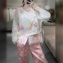 2024中式新款重工盘银花朵刺绣真丝欧根纱轻奢圆领小上衣