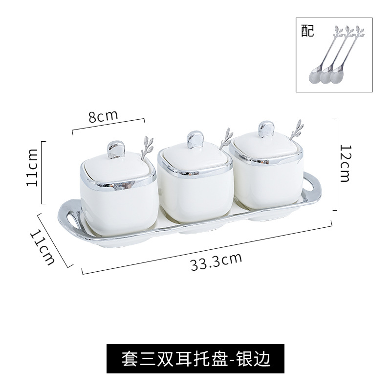 Luz de lujo borde plata tarro de condimento traje hogar botella de condimento de cerámica con tapa sal MSG Jar cocina combinación de almacenamiento