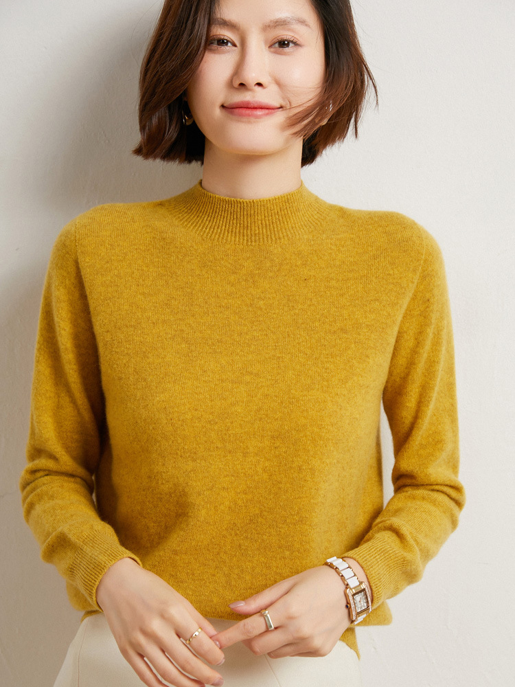 100%純毛セーター、ワンライン仕立て、シームレス、女性用ハーフタートルネック、ゆったりとしたニットセーター、シンプルな通勤スタイル