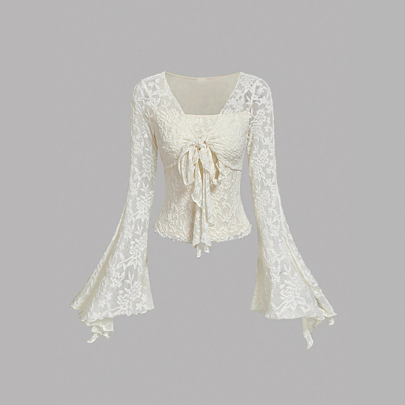 Cross-Border 2025 New V Neck Lace-Up Sexy Tops European and American Aliexpress Bell Sleeve Lace Sexy Slimming Look Tops