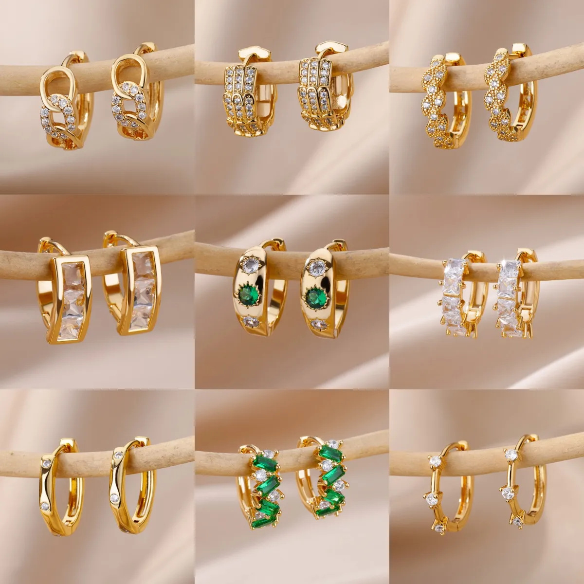 Green zircon crystal round earrings for women, light luxury and simple geometric hoops, suitable for everyday versatile commuting accessories