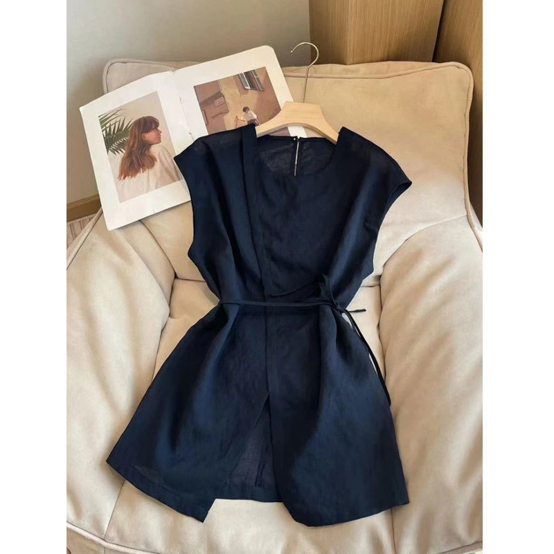 Korean Style Design Pure Color Front Slit Lace-Up Waist Shirt Women's Summer High-End Elegant Slim Sleeveless Top Trendy