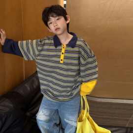 男宝春秋假两件polo上衣小男孩条纹撞色翻领长袖套头卫衣儿童上衣