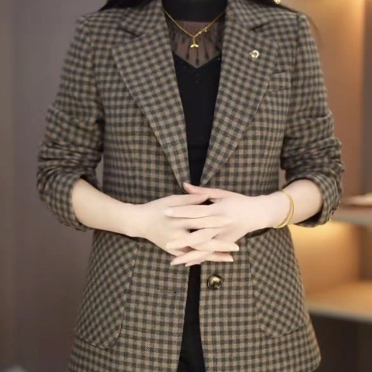 一件代发2025秋季新款时尚百搭显瘦气质修身显瘦休闲格子西装外套|undefined