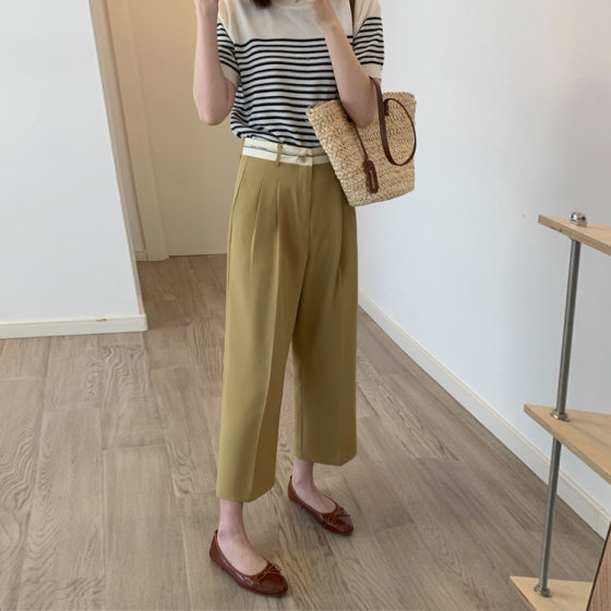 Summer New Design Sense Niche Pants Waist Outer Straight Loose Cropped Wide-leg Women's Pants