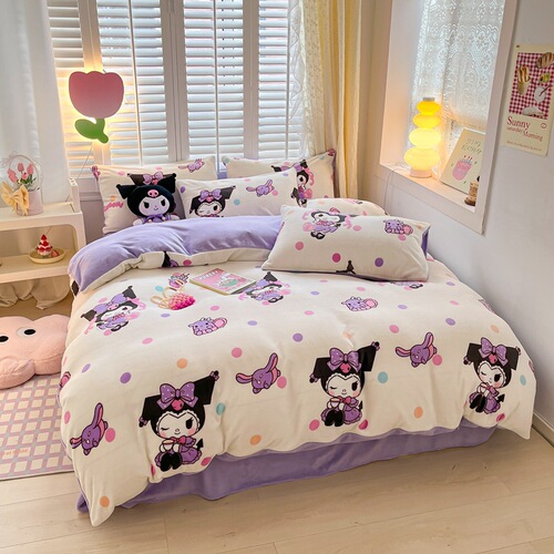 Nantong Home Textiles Sanrio cartoon milk velvet bed four-piece set winter thickened coral velvet three-piece set Kuromi