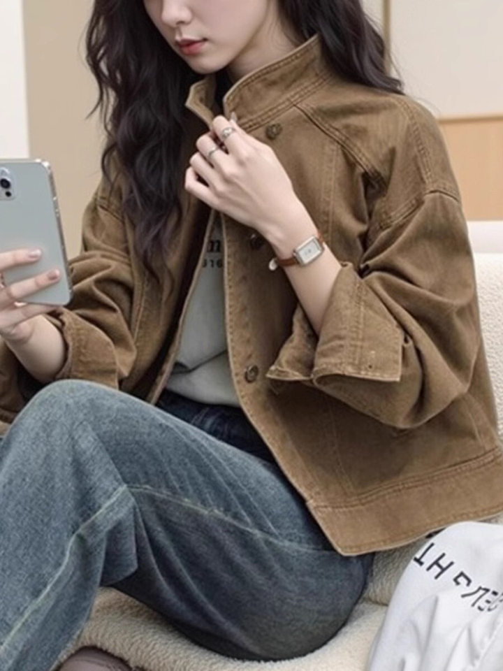 Áo khoác ngắn denim màu nâu cà phê dáng rộng cổ đứng tay dài — Màu nâu (màu cà phê trà)