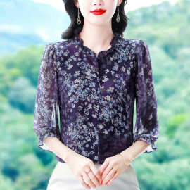 2025夏季新款时尚减龄七分袖印花衬衫气质大码洋气女体恤中年小衫