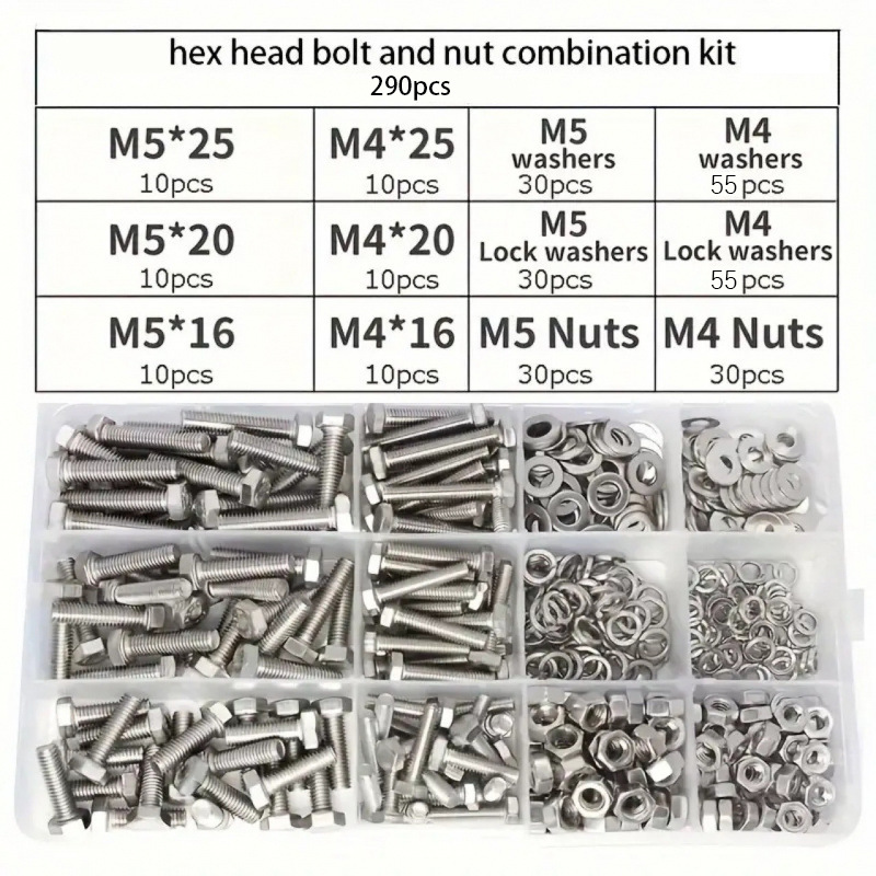 290 piezas de perno hexagonal conjunto de tuercas - Durable, disponible en tamaños M4 y M5, versátil