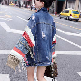 针织袖拼接牛仔外套女韩版宽松学生春秋百搭秋冬款女装2025新款潮