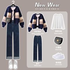 大码女装秋季套装女2025新款针织开衫毛衣显瘦打底衫牛仔裤三件套