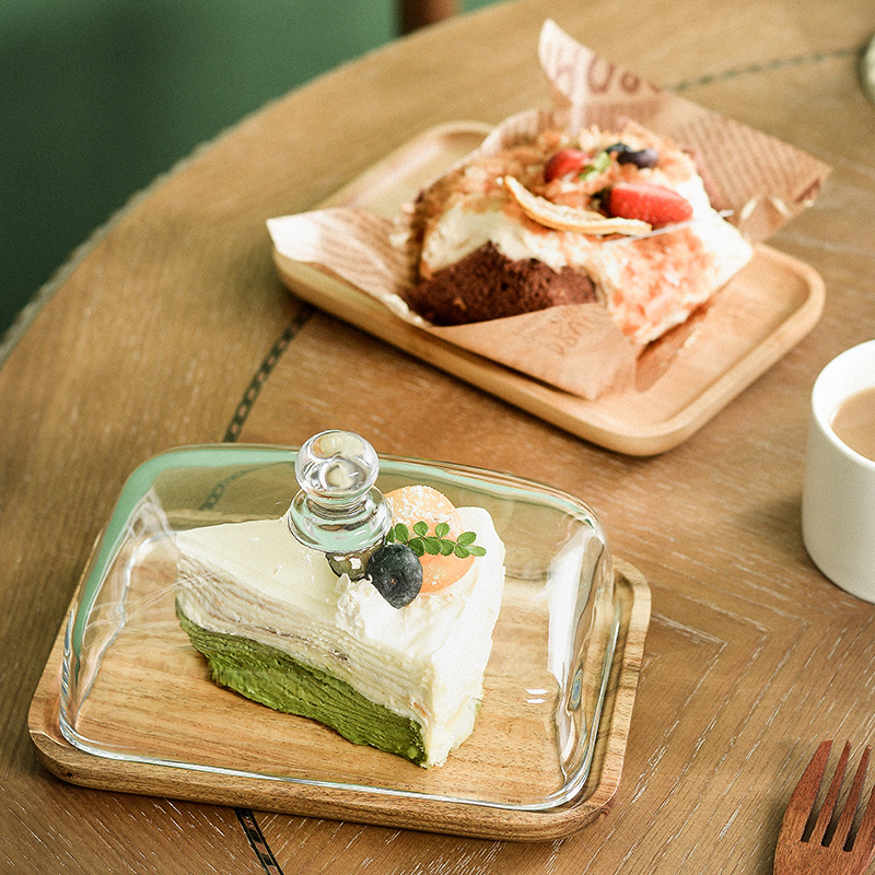Wooden square cake tray tea tray snack tray dessert table decoration with glass cover dessert pastry plate Wooden square cake tray tea tray snack tray dessert table decoration with glass cover dessert pastry plate