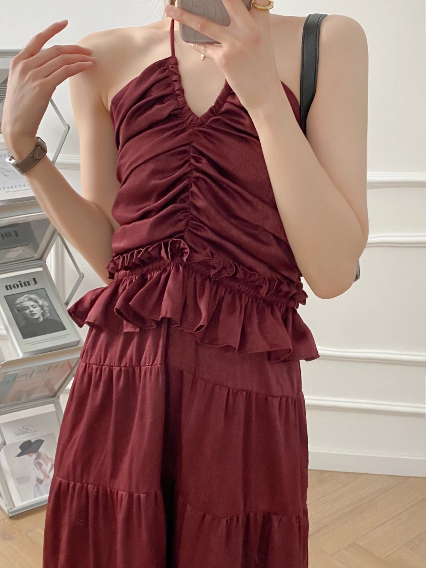 Hanging Neck Sleeveless Pleated Backless Prom Dress NSAM109305