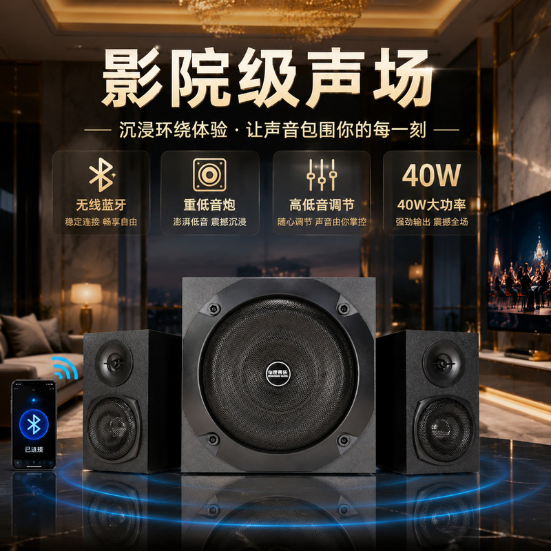New cinema-grade high-quality computer Bluetooth speakers with powerful subwoofers, suitable for home use, wired, and offering high-volume multimedia sound