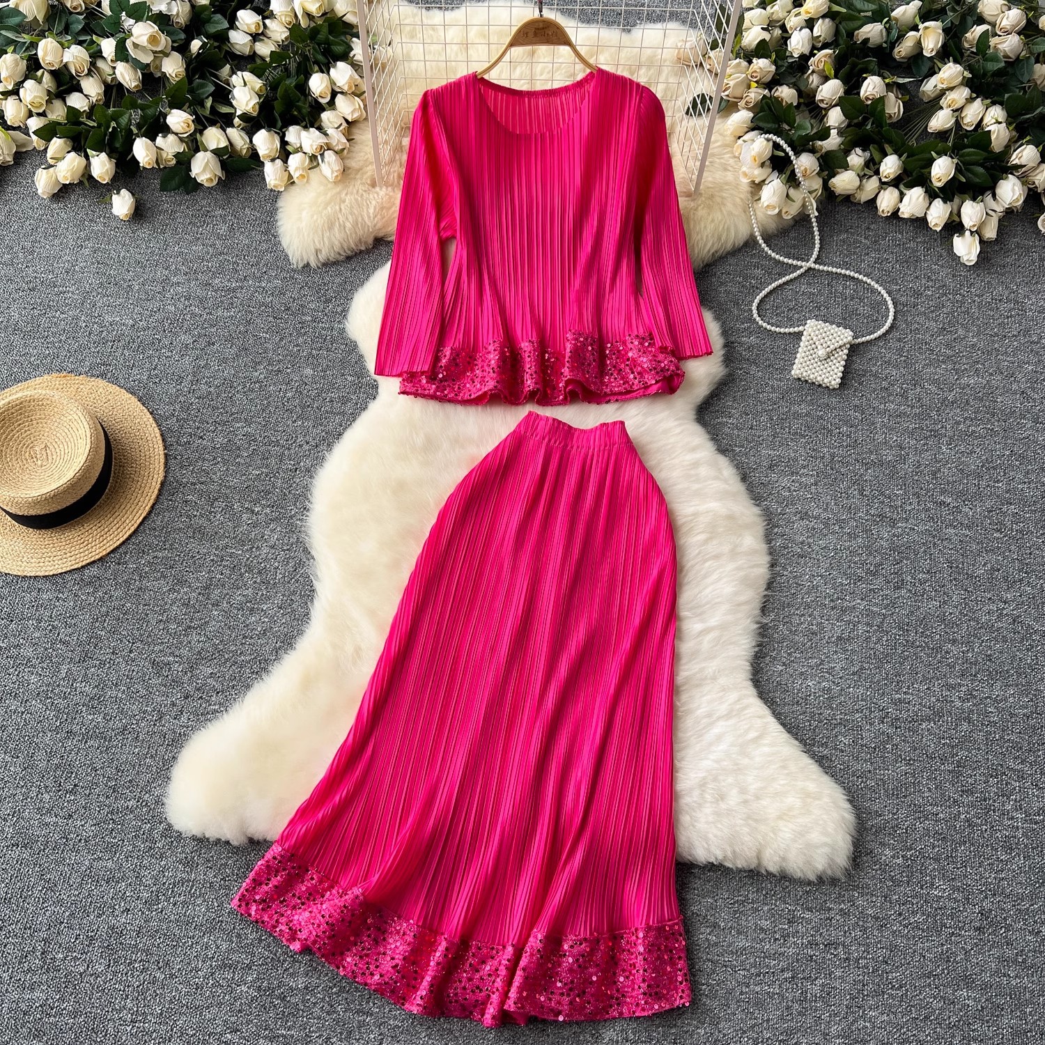 Women's high end stylish round neck three quarter sleeve sequin embroidered pleated top + high waist drape skirt suit_voghion.com