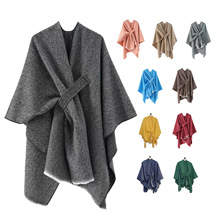 早春加杠开叉仿羊绒披肩欧美纯色春季设计外贸沙丘废土风斗篷披肩