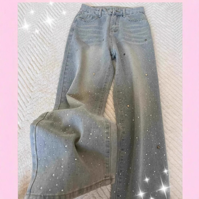 light blue Rhinestone Skinny Jeans Women's 2025 New Style Elegant All-match High Waist Wide Leg Pants Slim-looking