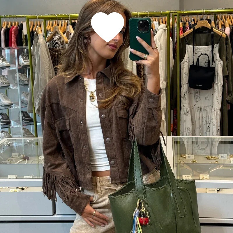 European and American Cross-Border 2024 Autum Women's Jacket Personalized Street Brown Retro Tassel Suede Jacket for Women