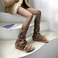 个性弹力紧身设计感褶皱堆堆高腰微喇修身打底裤女秋冬新款裤子