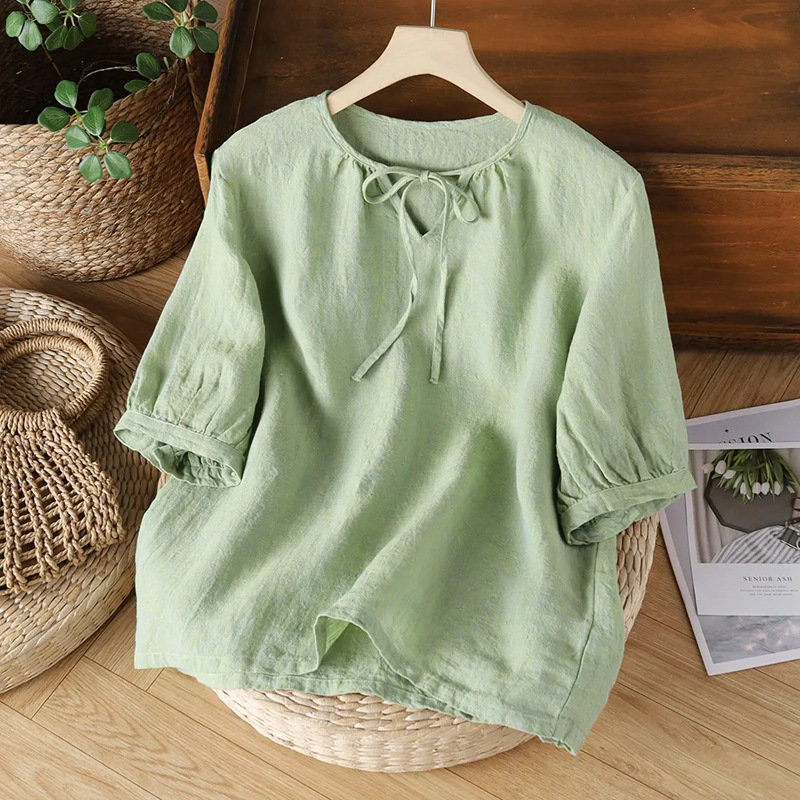 Summer V-Neck Strapped Design Simple Cotton-Linen Short-Sleeve Loose Pleated Short-Sleeve Casual Artistic Retro Women's Top