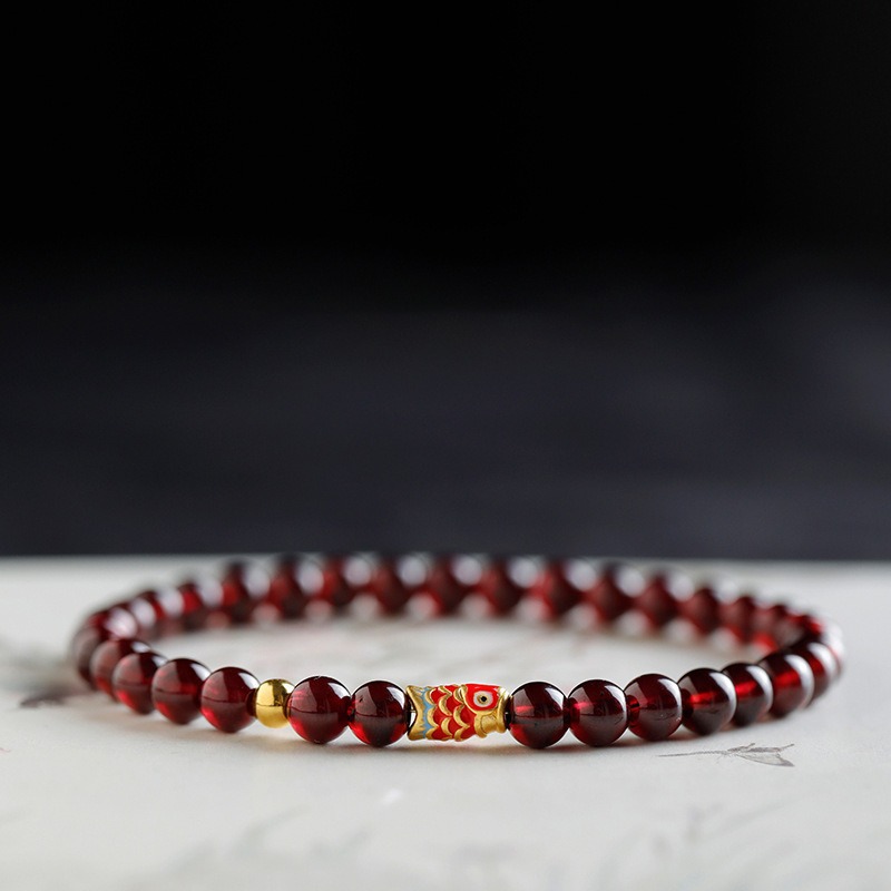 S925 Silver Koi Multi-Ring Crystal Bracelet for Women, Chinese style zodiac Year jewelry, Natural wine red garnet crystal Bracelet 201 Item Picture