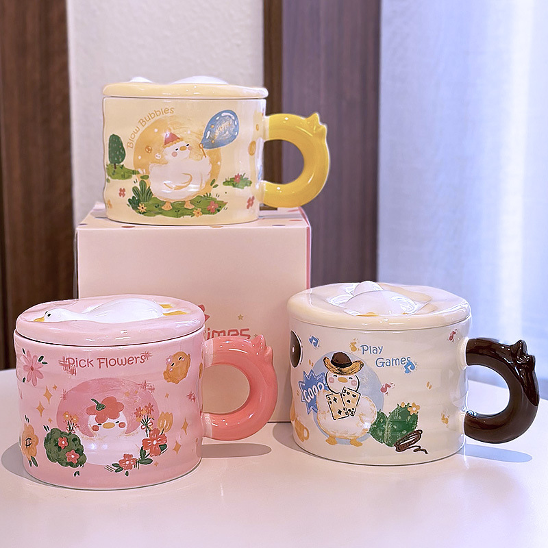 かわいいアヒルのセラミックカップ 蓋付き かわいいセラミックカップ カップルギフト 女の子向け 高価値デザインマグ|undefined