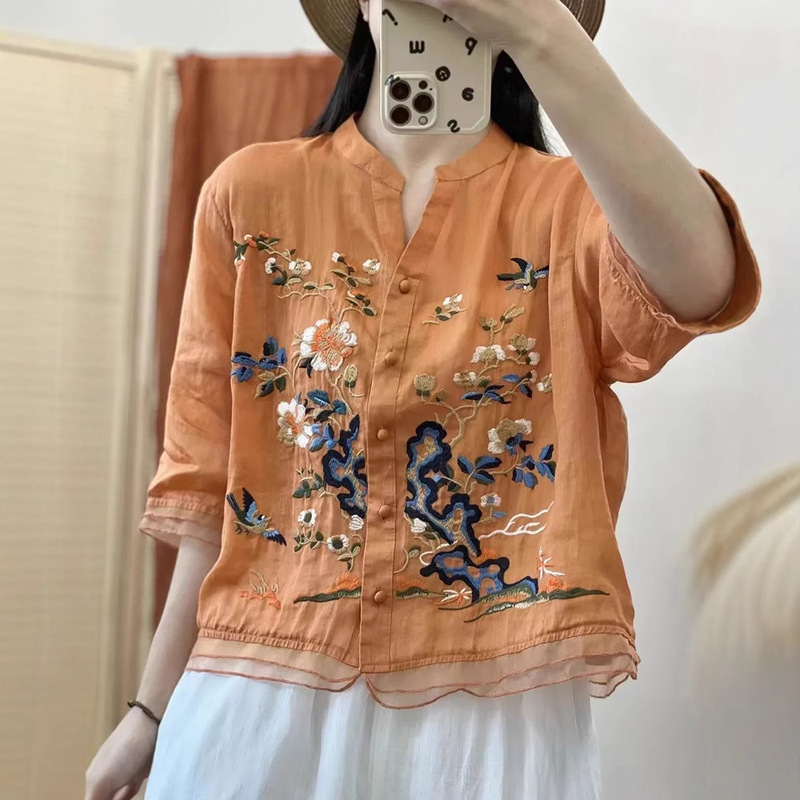 Cotton and Linen Short-Sleeved Shirt 2025 Summer New Style Chic Embroidered Ethnic Style Cardigan Large Size Loose Women's Clothing Slimming Look
