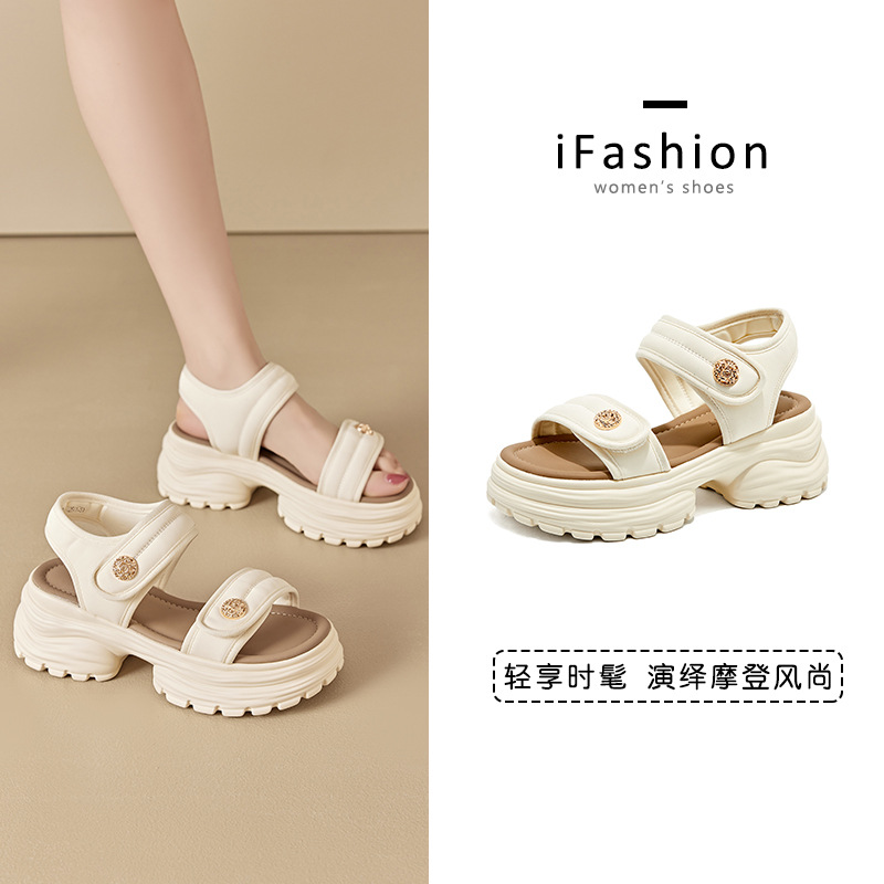 Chao no sur ~ sandalias de fondo grueso para mujeres verano 2024 nuevos zapatos casuales de velcro huecos aumentan la altura de los zapatos romanos para mujeres