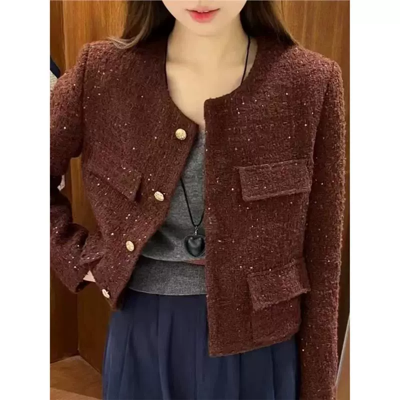 Женская куртка в стиле Chanel во французском стиле, осень 2024, новая светская мода, элегантный модный твидовый кардиган с круглым вырезом