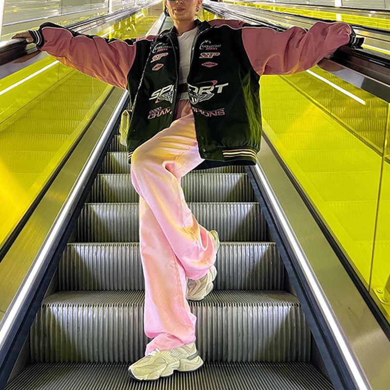 2024 Autumn/Winter New Jacket Sports Print Pink Casual Long Sleeve Motorcycle Style Coat_voghion.com