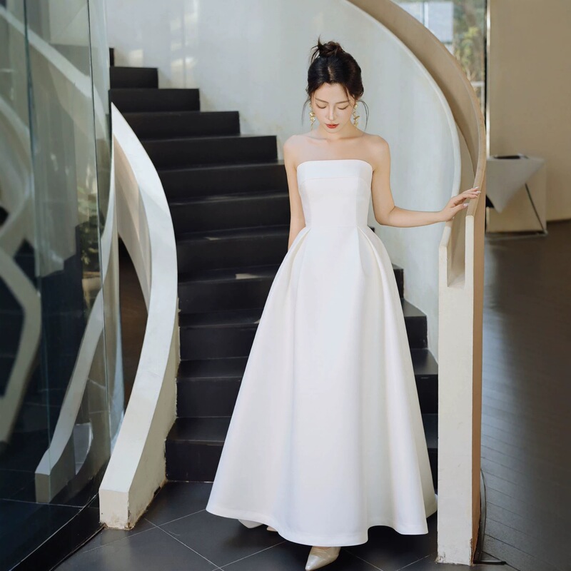 Korean Style Strapless Evening Dress 2026 New Model Sleeveless White Long Dress High-Waisted Slimming A-Line Bridal Wedding Light Wedding Dress Korean Style Strapless Evening Dress 2026 New Model Sleeveless White Long Dress High-Waisted Slimming A-Line Bridal Wedding Light Wedding Dress