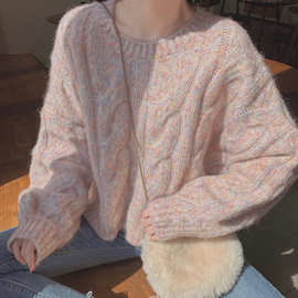 粉色温柔系毛衣女甜美仙宽松外穿设计感小众麻花套头短款针织衫