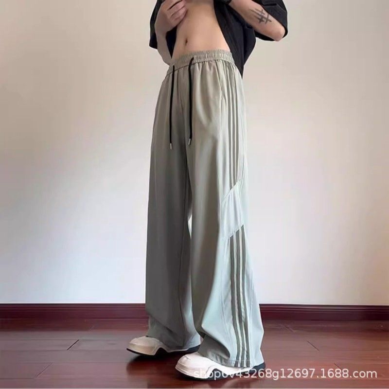 潮流抽绳休闲裤男夏季薄款条纹阔腿裤青年宽松直筒垂感运动长裤子